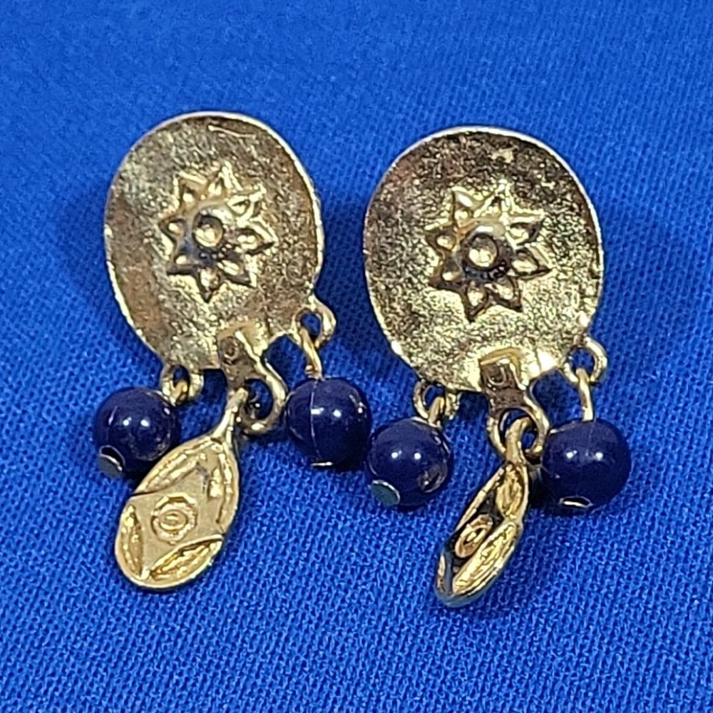 Beaded Earrings Faux Gold Sun Coins Navy Accents Drop Dangle Vintage